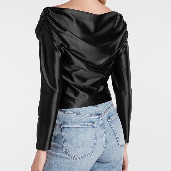 Dark Green Satin Off the Shoulder Draped Top by Express - Picture 3 of 4